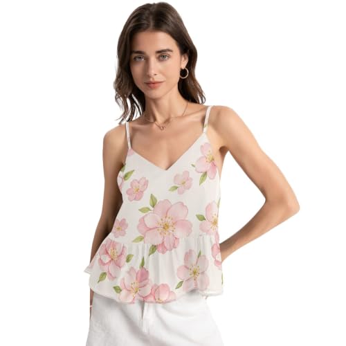 Camisole mousseline de soie col V haut respirant rose à bretelles réglables