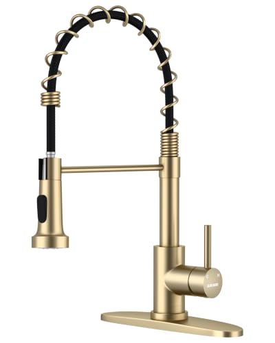 WEWE Pull-Down Kitchen Faucet, 2-Mode Sprayer, Gold, High Arc