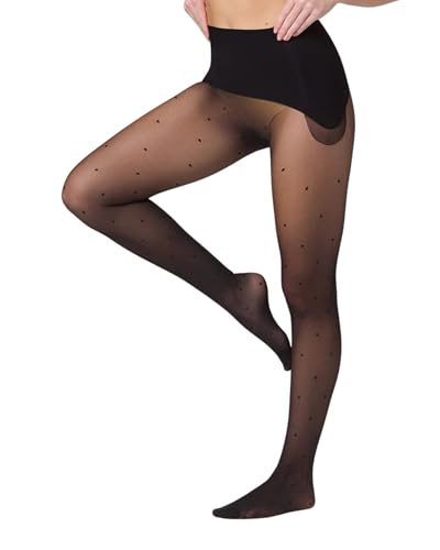 Getnoosh PLAY Free-Hugging Seamless Dots Tights For Women | Stylish & Elegant Sheer Black Tights | Comes With Opaque Polka Dots | Noir - S/M