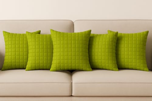 Image of Premium Quilted Cushion Cover 16x16 Inch - Dupion Silk Blend - Soft & Durable Decorative Pillow Cover for Sofa, Bed, Living Room - Set of 5 pc (Green)