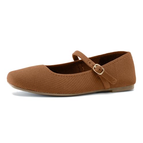 Image of Soesyi Knit Flats for Women Square Toe Flats Casual Ballet Flats with Ankle Strap,Mary Jane Shoes Women Comfortable for Dressy Office