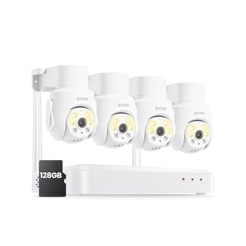 ZOSI 8 Channel 3K Wi-Fi 6 Security Camera System with 128G Memory Card for 24/7 Record, 4 x 5MP Pan Tilt WiFi Camera with Auto Tracking, Color Night Vision, Plug-in, AI Person Detect, 2-Way