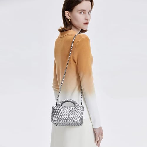 Image of Woven Tote Bag for Women with Coin Purse, Foldable Chain Small Crossbody Handbags, Fashion Shoulder Bag, Hobo Satchel