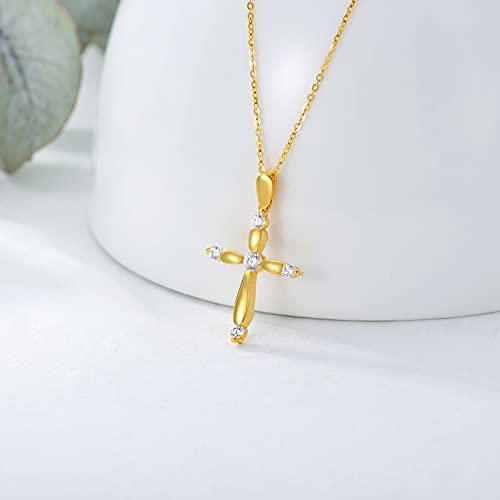 18K Yellow Gold Cross Necklace For Women, Real Gold Shiny Blessing Cross Pendant Religious Jewelry Gifts For Her, Mom, Wife, Girls, 18", Thickness 2.3Mm #TOP2