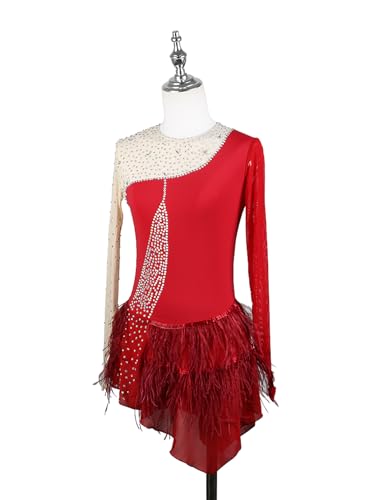 Vestido profissional de patinação artística vermelho manga longa com strass feminino meninas skate c