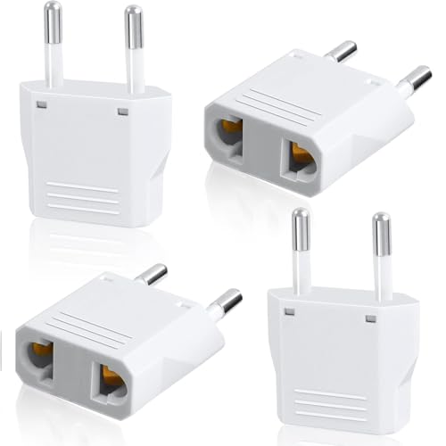 TECHZOCO Adaptador de Enchufe de EEUU a Enchufe Europeo, Adaptador de Corriente Americano a Europeo, Enchufe Viaje, 125~250 V/6 A, Potencia máxima a 250 V: 1500W, Blanco, 4 Unidades