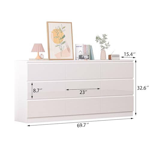 Image of JassmiPkwy 70 INCH 9 Drawers Dresser with Power Outlet, Wide High Gloss Chest of Drawers Large, Modern Storage Drawer Dresser for Bedroom, White