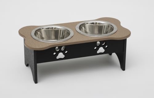 2 qt. 8.5 in. Medium High Double Poly Wood Dog Bowl with 2 Stainless Steel Bowls Weathered Wood Top & Black Base