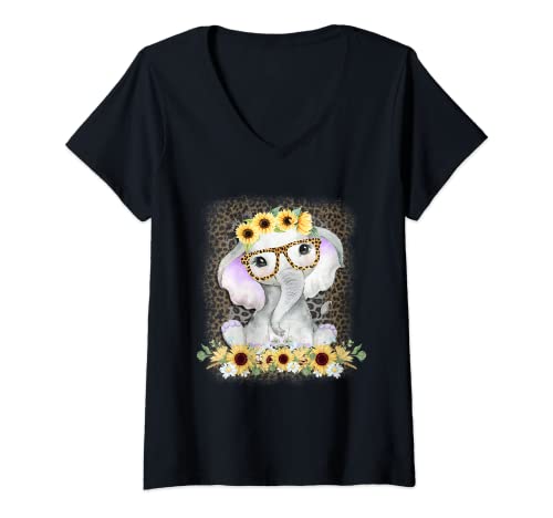 Mujer Elefante Girasol Lindo Elefante Amante Regalo Leopardo Camiseta Cuello V