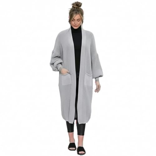 LUXFAB Women's Oversized Balloon Sleeve Long Chunky Ribbed Open Knitted Maxi Jumper, 2 Pocket Cardigan Boyfriend Sweater Top UK Sizes 8-22 (UK, Numeric, 16, 18, Plus, Regular, Silver Grey)