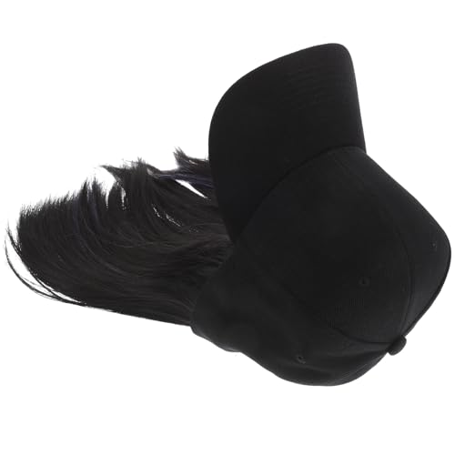 MERRYHAPY Gorra de Béisbol para Mujer con Peluca Incorporada Estilo Bob con Orejas Colgantes Color Negro con Mechas Azul Humo Natural Ajuste Cómodo y Diseño Vintage para Uso Diario y