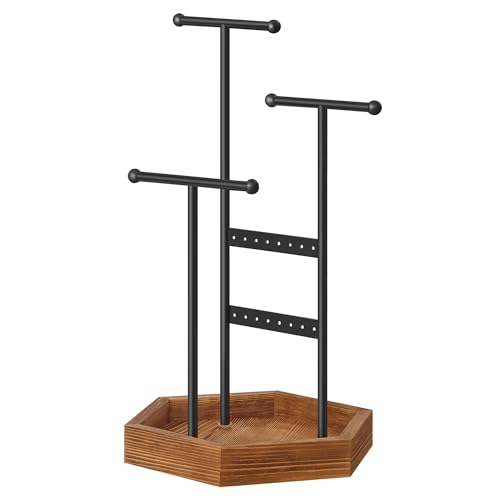 SONGMICS Jewellery Stand, Jewellery Organiser, 4 Independent Zones, Jewellery Display Stand with Metal Frame