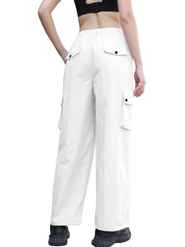 Image of Betusline Girls & Women's High Waist Wide Leg Cargo Pants Y2K Parachute Pants with Pockets and Drawstring 6 Years-Women 2XL