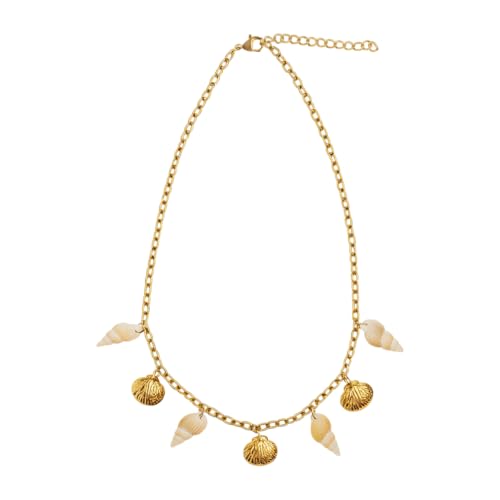 Collier femme acier dore, l'idee cadeau tendance avec coquillages naturels et pendentifs