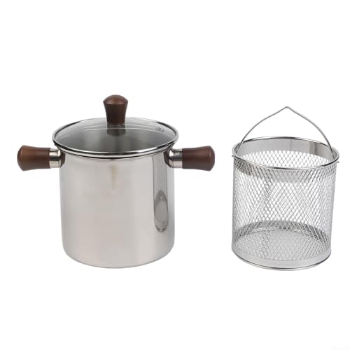 ZAMETTER Freidora de acero inoxidable 304 con mango de nogal y cesta de malla de 1,5 L o 2,0 L de capacidad, antideslizante para estufas de inducción de gas (B-1,5 L)
