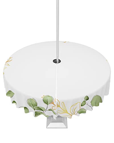 Spring Summer Green Gold Leaf Outdoor Round Tablecloth with Umbrella Hole 54 Inch,Wrinkle Free Wipeable Fabric Table Cloth Waterproof Zippered Cover for Patio Party,Botanical Eucalyptus Leaves Plant