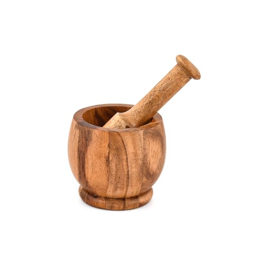 Indus Lifespace Mortar & Pestles Acacia Wood Natural Wood Spice Grinder for Herbs, Garlic, and Seasonings | Rustic Kitchen Tool (4" x 4" x3")