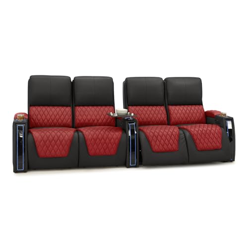 Image of Seatcraft Apex Red /Black Italian Leather Home Theater Seating, Zero Gravity Power Recliner Chair, Powered Headrest and Lumbar Gaming and Lounge Sofa Furniture for Cinema Room, Row of 4 Dual Loveseats
