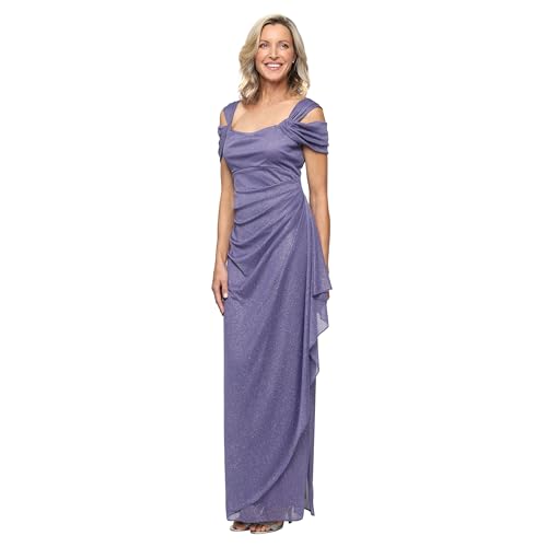 Image of Plus Cold Shoulder Glitter Mesh Dress with Draped Skirt & Cowl Neckline