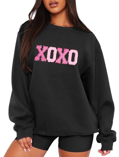 MAPICK Women Valentine's Day Crewneck Sweatshirt Letter Printed Chenille Patch Sweaters Oversized Long Sleeve Clothes(Black,XX-Large)