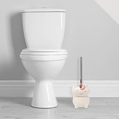 Image of Isaac Jacobs White Ceramic Unicorn Toilet Bowl Brush Holder with Chrome Metal Handle (Unassembled) - Bathroom Accessory & Cleaning Storage (Unicorn)