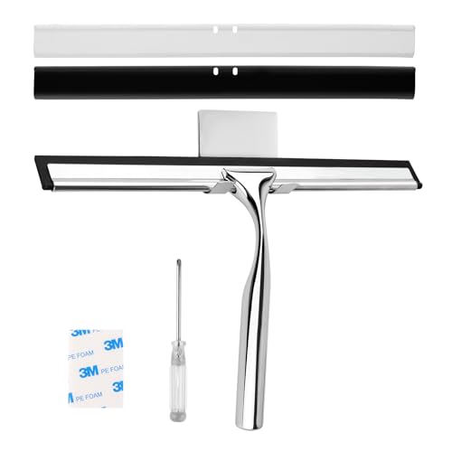 Bigkego Limpiacristales de ducha de acero inoxidable para ventanas, 25 cm, con 2 extractores de goma de repuesto y ganchos de pared autoadhesivos para baño, azulejos, ventanas, espejos y cristales de