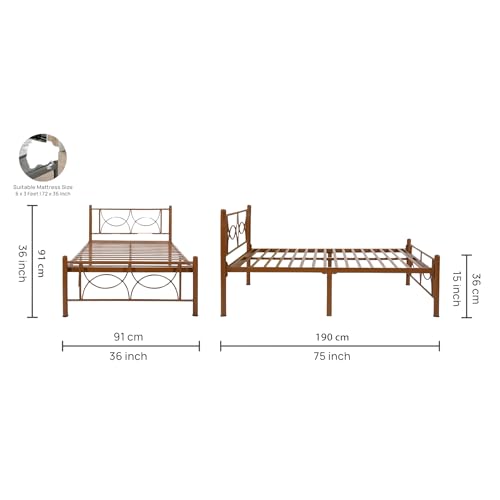 Image of Luno Metal Extra Single Size Bed Without Storage | Wrought Iron Single Bed with Headboard & Footboard| Sturdy Powder Coated Platform Cot for Bedroom (Luno Brown)