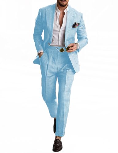 ORBITRAY Men Linen Suit 2 Pieces Wedding Slim Fit Blazer Pant Set Lightweight Summer Wear