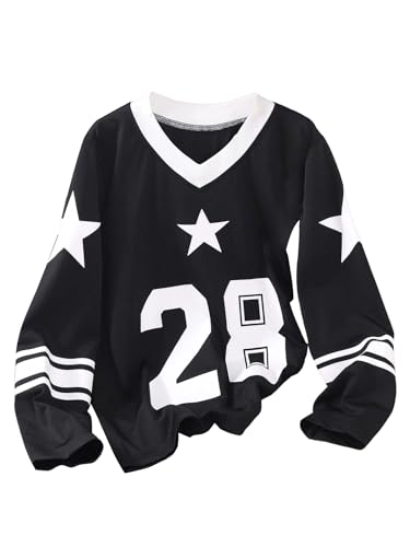 SweatyRocks Girl's Number Graphic T Shirt Oversized Long Sleeve V Neck Casual Jersery Tees Top