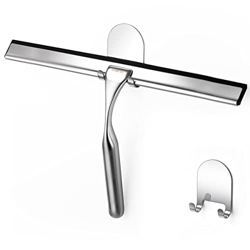Image of HOME SO Shower Squeegee for Glass Doors - Stainless Steel Squeegee with Adhesive Hooks - Window, Floor & Car Squeegee, Multi-Purpose Bathroom, Mirror & Tile Cleaner - Bathroom Essentials - Chrome 12 inch