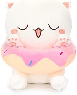 AIXINI Donut Cat Plush Kitty Doughnut Stuffed Animal, Soft Cute Kawaii Cat Kitten Plushie for Kids 10inch (White,B)