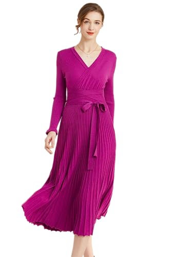 Image of Women's Long Sleeve Sweater Dress Ankle Length Fall Dress Vneck Knit Winter Dress