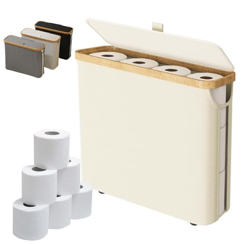Toilet Paper Storage Basket,Toilet Roll Storage Basket with Lid,Bamboo Toilet Roll Basket Holder Organiser,Toilet Roll Storage Box,Free Standing Toilet Paper Container with Storage(Beige)