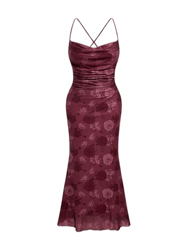 Image of SOLY HUX Women's Floral Mesh Bodycon Cami Dress Cowl Neck Sleeveless Cocktail Party Wedding Guest Long Maxi Dresses