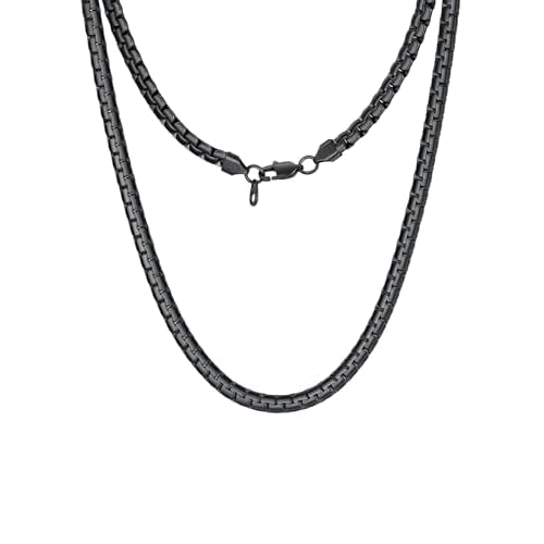 ChainsHouse Flat Box Chain Necklace Men, 2/4/6/8mm Round Link Chain Necklaces, Stainless Steel/Black/14K Gold Plated Mens Jewelry, 14"-30" Length, Come Gift Box