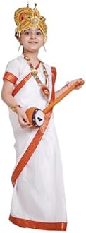 Kaku Fancy Dresses Devi Saraswati White Saree for Girls | Ready to Wear Saree | Mythological Godess Costume with Accessories - 7-8 Years