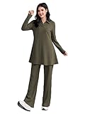 TADKEE Ensemble deux pièces de couleur unie pour femme | Haut à manches longues et pantalon large | Ensemble décontracté, vert olive, 3XL