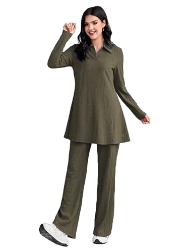 Image of TADKEE Women's Solid Color Two-Piece Set | Long Sleeve Top & Wide Leg Pants Co-ord Set | Casual Wear Co ord Set