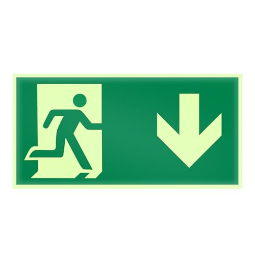 VOSSOT Cartel Salida de Emergencia Fotoluminiscente 15x30cm – Adhesivo Señal de Emergencia Flecha Abajo – Señalización de Seguridad para Oficinas, Escuelas, Hospitales, Edificios