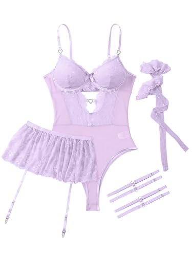 Image of Lilosy Sexy Lingerie Set 3 Piece Women Corset Bodysuit Skirt | Rhinestone Heart Stocking Garter Plus Size Underwire Mesh Sheer Lace Push Up Babydoll Halloween Christmas Valentine's Bridal