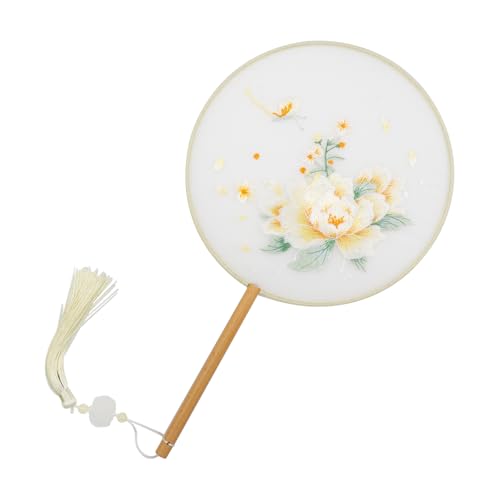 Dnyta Chinese Round Fan Double-Sided Pattern Fan Chinese Silk Hand Fan Ancient Hand Fan (Yellow Peony)