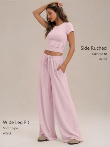 Image of Trendy Queen 2 Piece Matching Summer Lounge Set Womens Side Ruching Top Wide Leg Pants Sets with Pockets