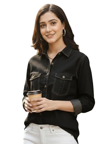 Image of Women's Denim Shirt with Regular Fit Solid Pattern Long Sleeve Collared Neck and Button Down Closure|Women's Denim Shirt