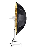 Der goldbeschichtete Schirm liefert ein warmes, gerichtetes Licht mit starken Kontrasten und brillanten Farben. Dieser eignet sich besonders für die Fashion- und Beautyfotografie.