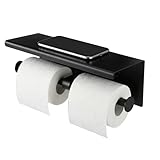 Double Bathroom Toilet Paper Roll Holder with Shelf Wall Mount Tissue Roll Holder Stainless Steel Wall Mounted RV Tissue Rolls Holders Toilet Paper Holders with Shelf, Matte Black