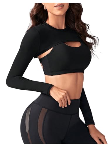 SweatyRocks Women's Ultrashort Cutout Workout Crop Top Exercise Long Sleeve Tee Shirt4