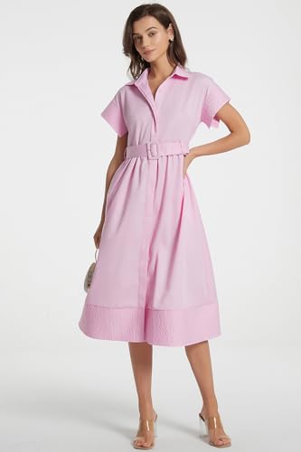 Image of Ladyful Women Casual Button Down Shirt Dress Short Wing Sleeve Buiness Midi Shirt Dress with Belt Elegant Dress