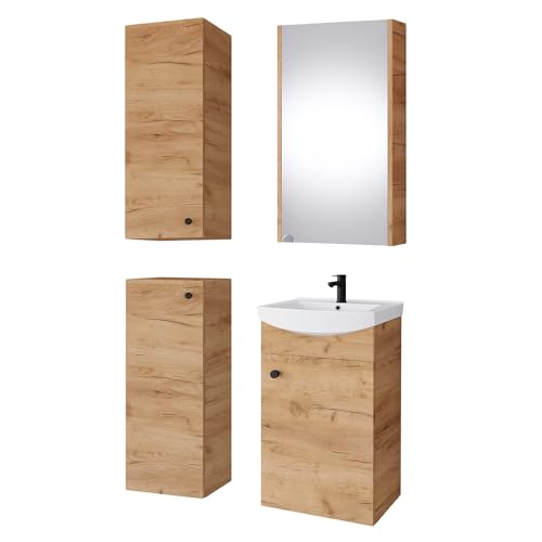 Planetmöbel Badset komplett aus Unterschrank 45cm mit Waschbecken, Spiegelschrank und 2X Midischrank in Gold Eiche, Komplettset für Badezimmer 5-teilig