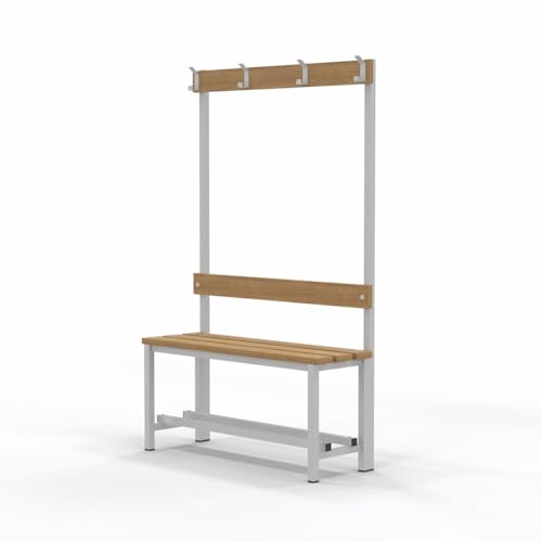 Spacio Banco de Madera Norrköping con Perchero para Vestuarios, Gimnasios, Instalaciones Deportivas. Estructura de Acero. Bancada para Personas en Madera. (1000x1600x350)