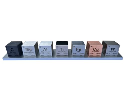 Image of 1.5 inch Element Cube Set - 7 Pure Metal Density Cubes with Engraved Atomic Data - Precision Machined Science Specimens + Display Stand - Periodic Table Gift
